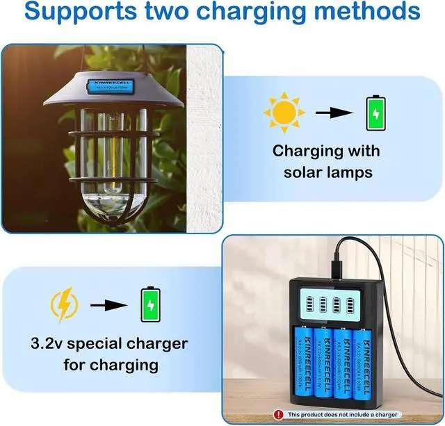Alt view image 6 of 7 - AA 3.2v 600mAh Battery, LiFePo4 Double A Battery with Low self-Discharge, 3.2v Batteries for Solar Lights, Wall Lanterns, Solar Post Lights4 Pack