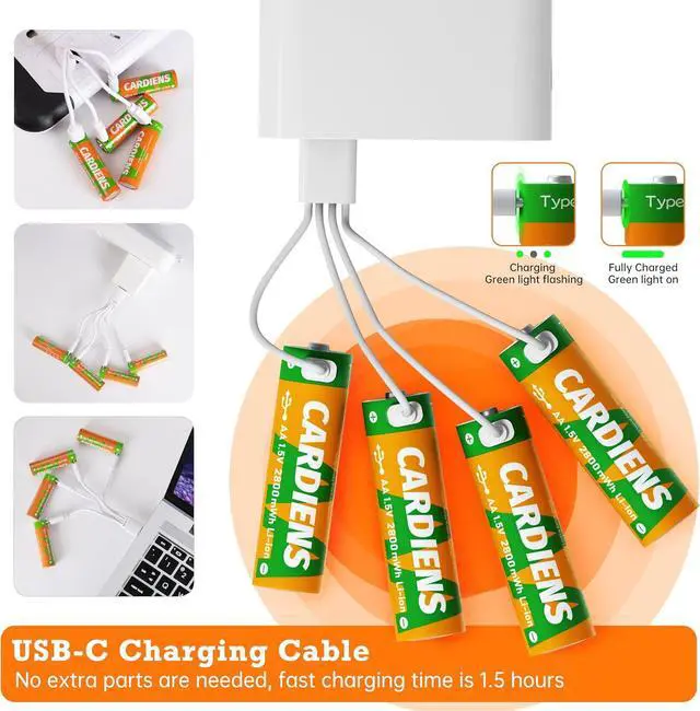 Alt view image 2 of 7 - Rechargeable AA Batteries USB 2800mWh Rechargeable Lithium AA Batteries 1.5V Double A Battery with 4-in-1 USB-C Charging Cable and LED Charge Indicator, 8-Pack