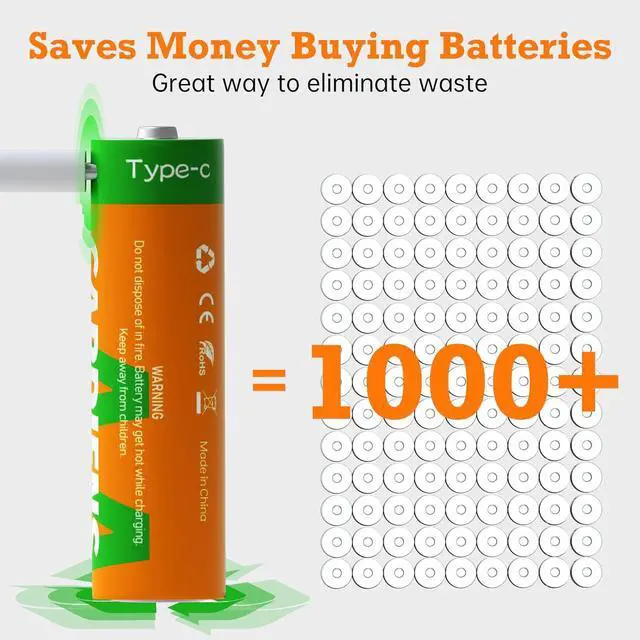Alt view image 6 of 7 - Rechargeable AA Batteries USB 2800mWh Rechargeable Lithium AA Batteries 1.5V Double A Battery with 4-in-1 USB-C Charging Cable and LED Charge Indicator, 8-Pack