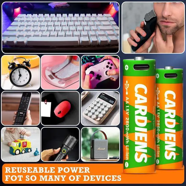 Alt view image 7 of 7 - Rechargeable AA Batteries USB 2800mWh Rechargeable Lithium AA Batteries 1.5V Double A Battery with 4-in-1 USB-C Charging Cable and LED Charge Indicator, 8-Pack