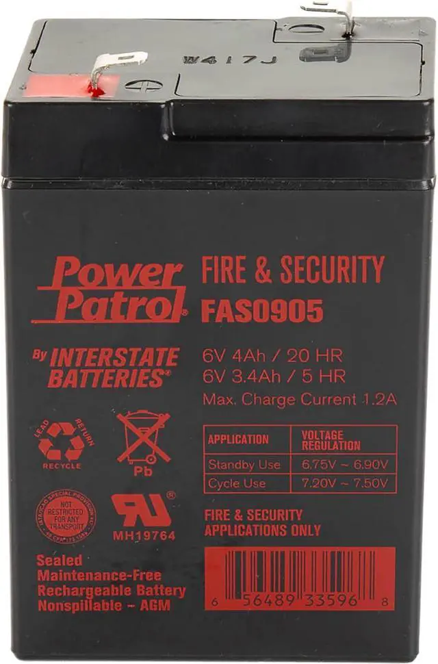 Main image of Interstate Batteries 6V 4Ah Fire & Security Battery (F1 Terminal) SLA AGM VRLA Power Patrol Rechargeable Replacement for Fire Alarms, Security Systems, General (FAS0905)
