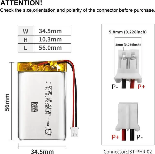 Alt view image 3 of 7 - EEMB 3.7V Lithium Polymer Battery 2000mAh 103454 Lipo Rechargeable Battery Pack with Wire JST Connector for Speaker and Wireless Device- Confirm Device & Connector Polarity Before Purchase