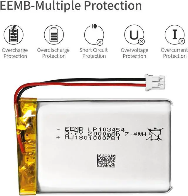 Alt view image 5 of 7 - EEMB 3.7V Lithium Polymer Battery 2000mAh 103454 Lipo Rechargeable Battery Pack with Wire JST Connector for Speaker and Wireless Device- Confirm Device & Connector Polarity Before Purchase