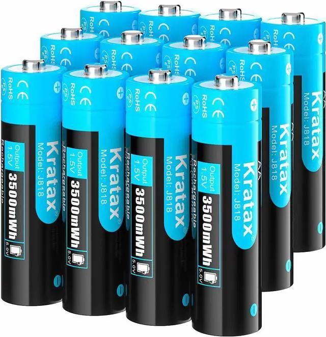 Main image of Kratax 1.5V AA Lithium Rechargeable Batteries, 12 Pack 3A High Capacity 3500mWh Li-ion Batteries, 1600 Cycles, Long Lasting, Constant Output for Controller, Toys, Remote Controls, Fast Charge
