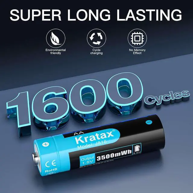 Alt view image 4 of 7 - Kratax 1.5V AA Lithium Rechargeable Batteries, 12 Pack 3A High Capacity 3500mWh Li-ion Batteries, 1600 Cycles, Long Lasting, Constant Output for Controller, Toys, Remote Controls, Fast Charge