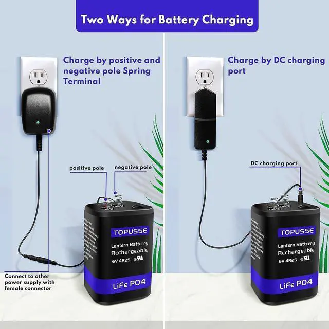 Alt view image 3 of 6 - Rechargeable 6 Volt 4.5AH LiFePO4 Lantern Battery with Charger 1500+ Cycles, 6V Batteries Battery with BMS (Spring Terminals) 2 Pack