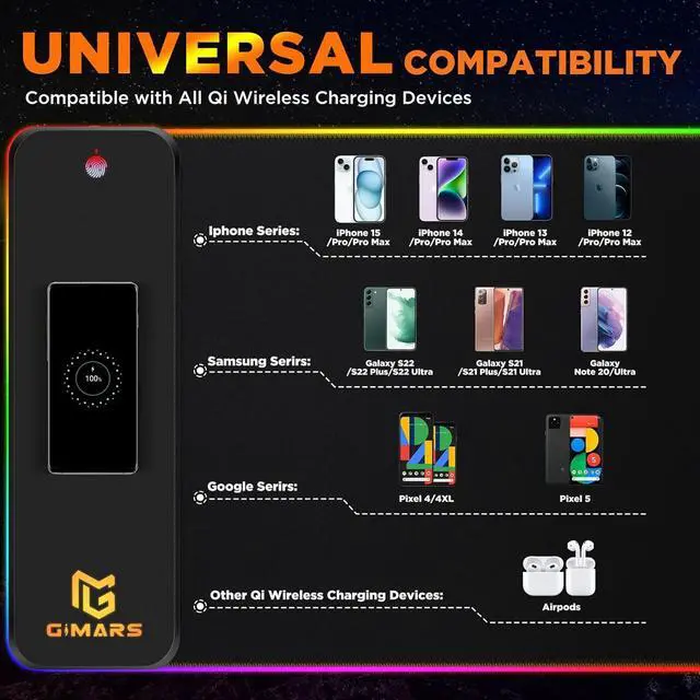 Alt view image 6 of 7 - Gimars RGB Gaming Mouse Pad,15W Wireless Charging Mousepad with 10 Light Modes, Large Mousepad with Premium Smooth Surface, Non-Slip Mouse Mat for Gaming, Desk, PC,Office, 31.5x11.8x0.16inch