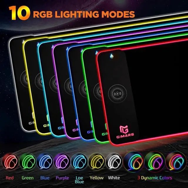 Alt view image 3 of 7 - Gimars RGB Gaming Mouse Pad,15W Wireless Charging Mousepad with 10 Light Modes, Large Mousepad with Premium Smooth Surface, Non-Slip Mouse Mat for Gaming, Desk, PC,Office, 31.5x11.8x0.16inch