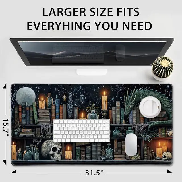 Alt view image 4 of 7 - Mystical Gothic Library Large Gaming Mouse Pad 31.5"x15.7" Vintage Book-Themed XXL Desk Mat, Non-Slip Rubber Base & Stitched Edges - Extended Mousepad for PC/Laptop/Office/Home Decor