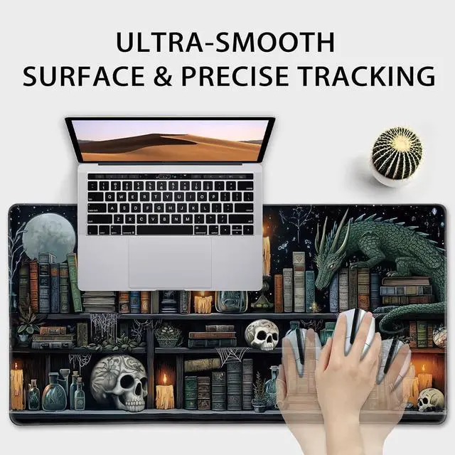 Alt view image 5 of 7 - Mystical Gothic Library Large Gaming Mouse Pad 31.5"x15.7" Vintage Book-Themed XXL Desk Mat, Non-Slip Rubber Base & Stitched Edges - Extended Mousepad for PC/Laptop/Office/Home Decor