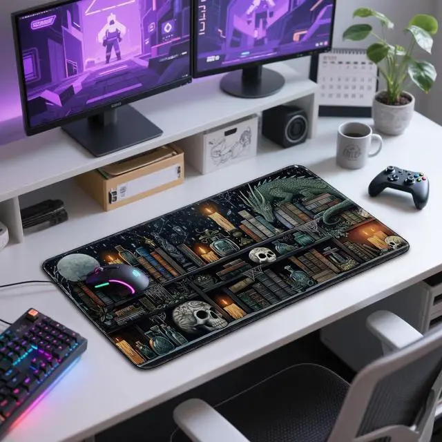 Alt view image 7 of 7 - Mystical Gothic Library Large Gaming Mouse Pad 31.5"x15.7" Vintage Book-Themed XXL Desk Mat, Non-Slip Rubber Base & Stitched Edges - Extended Mousepad for PC/Laptop/Office/Home Decor