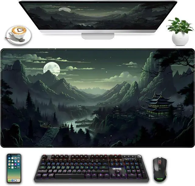 Main image of XXL Large Gaming Mouse Pad Anime Green Moon Mountains Desk Mat, Desk Decor Mousepad Computer Mat, Non-Slip Rubber Base Desk Pad, Laptop Keyboard and Mouse Mat with Stitched Edges, 31.5x15.75 in