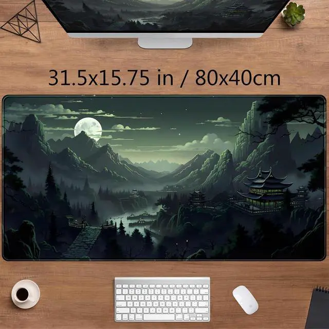 Alt view image 2 of 7 - XXL Large Gaming Mouse Pad Anime Green Moon Mountains Desk Mat, Desk Decor Mousepad Computer Mat, Non-Slip Rubber Base Desk Pad, Laptop Keyboard and Mouse Mat with Stitched Edges, 31.5x15.75 in