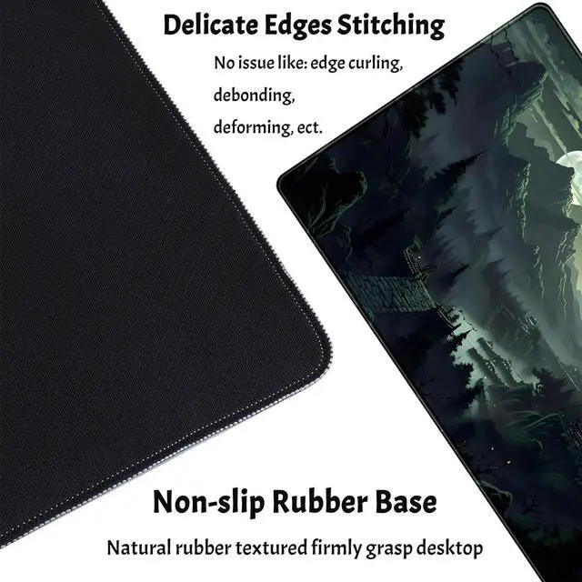 Alt view image 3 of 7 - XXL Large Gaming Mouse Pad Anime Green Moon Mountains Desk Mat, Desk Decor Mousepad Computer Mat, Non-Slip Rubber Base Desk Pad, Laptop Keyboard and Mouse Mat with Stitched Edges, 31.5x15.75 in