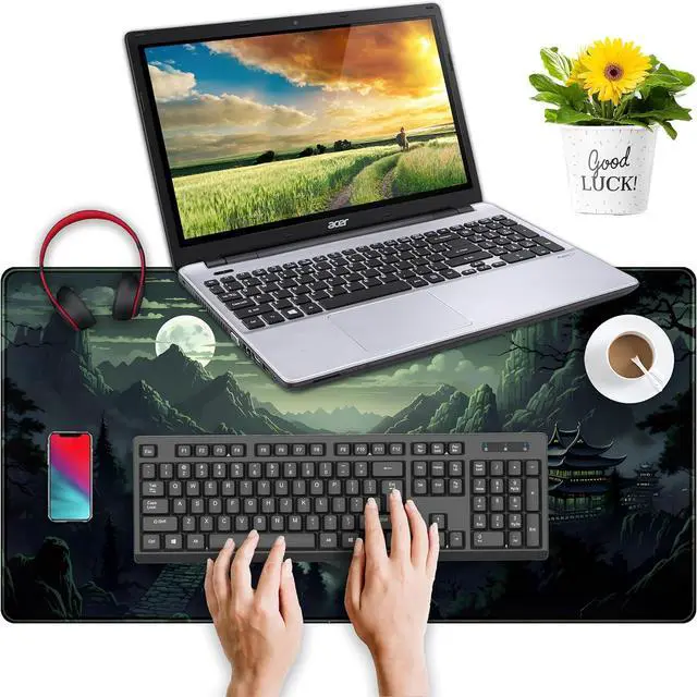 Alt view image 4 of 7 - XXL Large Gaming Mouse Pad Anime Green Moon Mountains Desk Mat, Desk Decor Mousepad Computer Mat, Non-Slip Rubber Base Desk Pad, Laptop Keyboard and Mouse Mat with Stitched Edges, 31.5x15.75 in