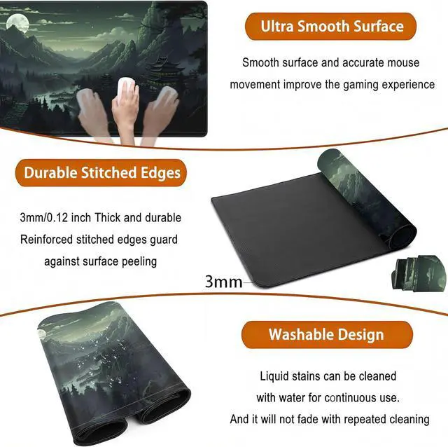 Alt view image 5 of 7 - XXL Large Gaming Mouse Pad Anime Green Moon Mountains Desk Mat, Desk Decor Mousepad Computer Mat, Non-Slip Rubber Base Desk Pad, Laptop Keyboard and Mouse Mat with Stitched Edges, 31.5x15.75 in