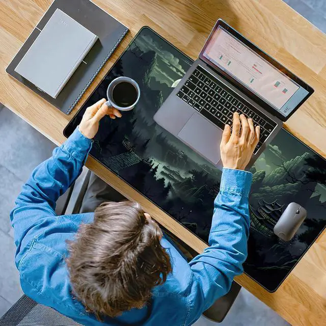 Alt view image 6 of 7 - XXL Large Gaming Mouse Pad Anime Green Moon Mountains Desk Mat, Desk Decor Mousepad Computer Mat, Non-Slip Rubber Base Desk Pad, Laptop Keyboard and Mouse Mat with Stitched Edges, 31.5x15.75 in