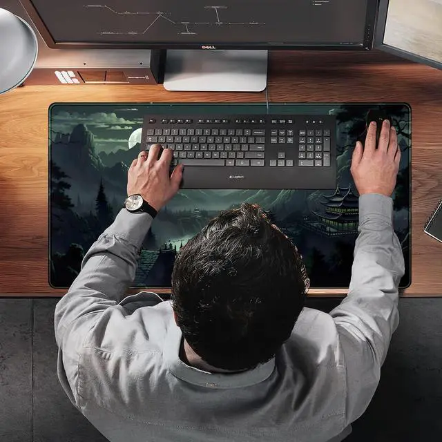 Alt view image 7 of 7 - XXL Large Gaming Mouse Pad Anime Green Moon Mountains Desk Mat, Desk Decor Mousepad Computer Mat, Non-Slip Rubber Base Desk Pad, Laptop Keyboard and Mouse Mat with Stitched Edges, 31.5x15.75 in