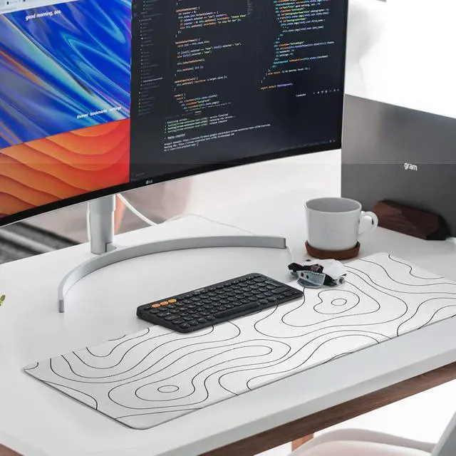 Alt view image 2 of 7 - White Large Gaming Mouse Pad Desk Pad Topographic Map Big Keyboard Mat 31.5x11.8inch Computer Mousepad with Stitched Edge Non-Slip Rubber Base