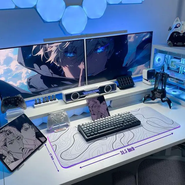 Alt view image 5 of 7 - JMIYAV Gaming Mouse Pad RGB Mousepad Non-Slip Rubber Base Large Cool XL XXL Computer Desk Pad Gaming Accessories LED Light Up Big Mouse Pad for Gamer Topographic White (31.5x12In)