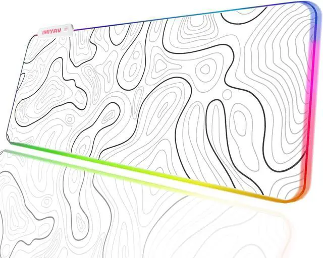 Alt view image 7 of 7 - JMIYAV Gaming Mouse Pad RGB Mousepad Non-Slip Rubber Base Large Cool XL XXL Computer Desk Pad Gaming Accessories LED Light Up Big Mouse Pad for Gamer Topographic White (31.5x12In)