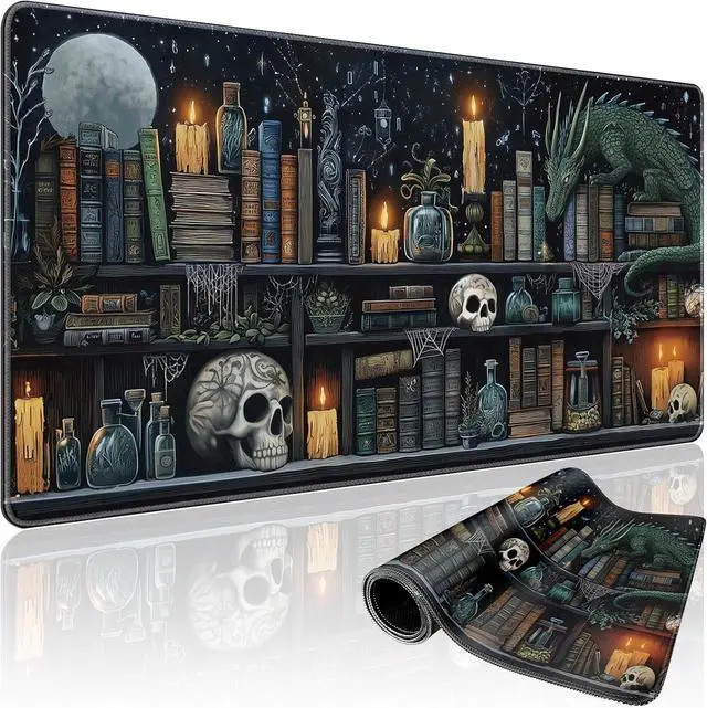 Main image of Mystical Gothic Library Large Gaming Mouse Pad 31.5"x15.7" Vintage Book-Themed XXL Desk Mat, Non-Slip Rubber Base & Stitched Edges - Extended Mousepad for PC/Laptop/Office/Home Decor