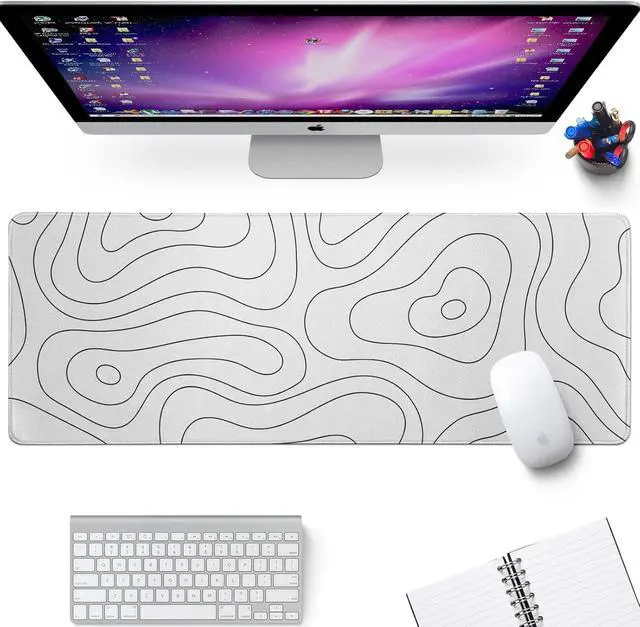 Alt view image 3 of 7 - White Large Gaming Mouse Pad Desk Pad Topographic Map Big Keyboard Mat 31.5x11.8inch Computer Mousepad with Stitched Edge Non-Slip Rubber Base