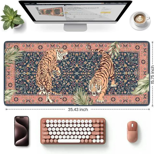 Alt view image 2 of 7 - HAOCOO Large Gaming Desk Mat, Non-Slip Desktop Pad, Keyboard Pad with Stitched Edges, 35.4" x 15.7" Mouse Mat, Water Resistant Mousepad for for Laptop & PC(Pink)