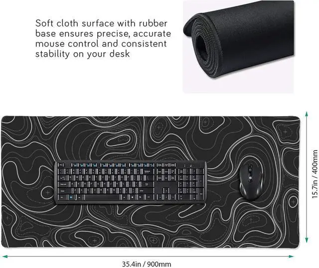 Alt view image 2 of 6 - Large Gaming Mouse Pad Black Topographic Contour Mouse Pad with Stitched Edges & Nonslip Rubber Base Extended XXL Long Mousepad Big Desk Mat for Company Office Work, 35.4 x 15.7 in