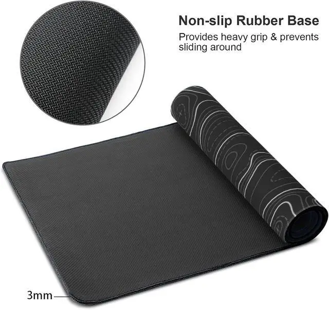 Alt view image 3 of 6 - Large Gaming Mouse Pad Black Topographic Contour Mouse Pad with Stitched Edges & Nonslip Rubber Base Extended XXL Long Mousepad Big Desk Mat for Company Office Work, 35.4 x 15.7 in
