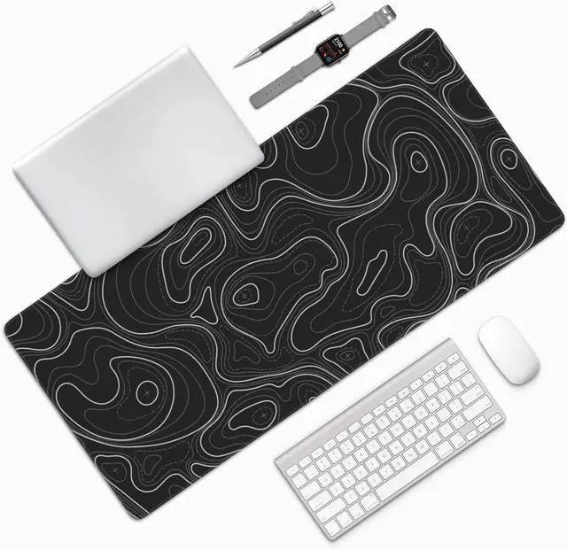 Alt view image 6 of 6 - Large Gaming Mouse Pad Black Topographic Contour Mouse Pad with Stitched Edges & Nonslip Rubber Base Extended XXL Long Mousepad Big Desk Mat for Company Office Work, 35.4 x 15.7 in