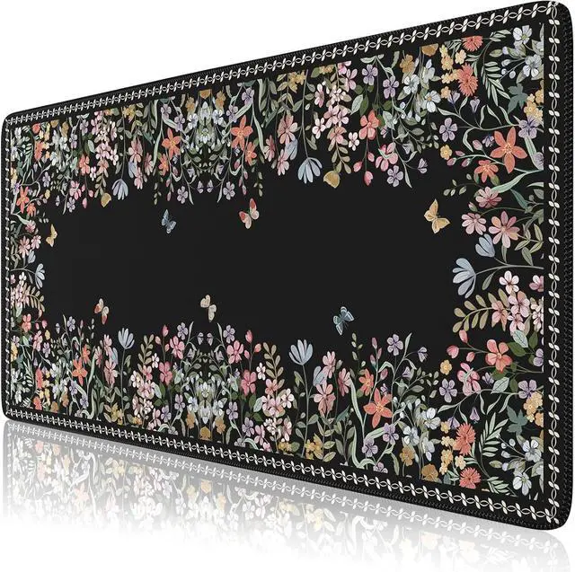 Main image of HAOCOO Floral Desk Pad for Keyboard and Mouse, Black Mouse Pad with Non-Slip Rubber Base, XXL Keyboard Mat with Edge Stitching, Soft Computer Mat, Gaming, Office Aesthetics