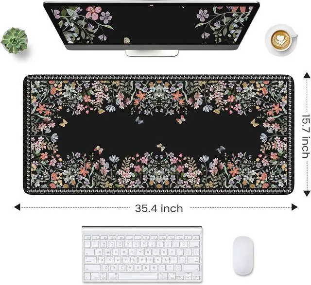 Alt view image 2 of 6 - HAOCOO Floral Desk Pad for Keyboard and Mouse, Black Mouse Pad with Non-Slip Rubber Base, XXL Keyboard Mat with Edge Stitching, Soft Computer Mat, Gaming, Office Aesthetics
