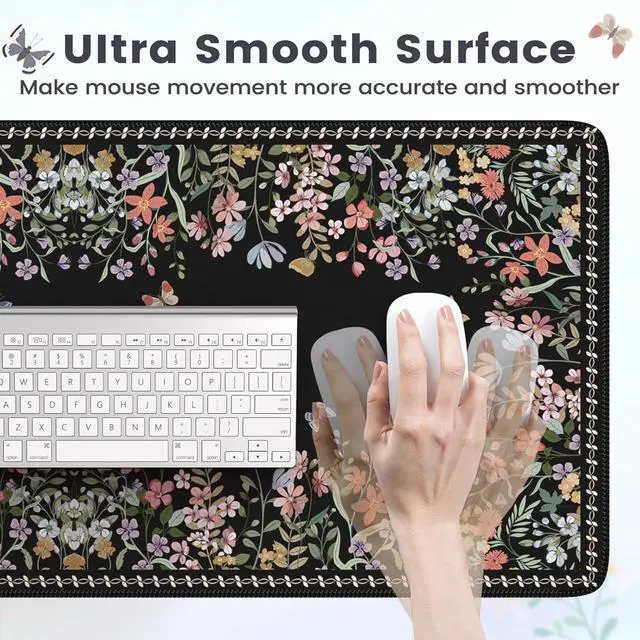 Alt view image 3 of 6 - HAOCOO Floral Desk Pad for Keyboard and Mouse, Black Mouse Pad with Non-Slip Rubber Base, XXL Keyboard Mat with Edge Stitching, Soft Computer Mat, Gaming, Office Aesthetics
