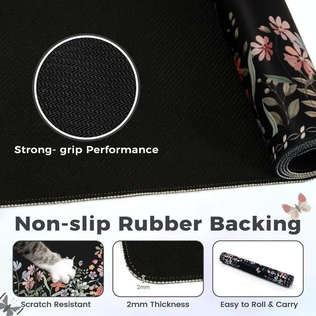 Alt view image 4 of 6 - HAOCOO Floral Desk Pad for Keyboard and Mouse, Black Mouse Pad with Non-Slip Rubber Base, XXL Keyboard Mat with Edge Stitching, Soft Computer Mat, Gaming, Office Aesthetics