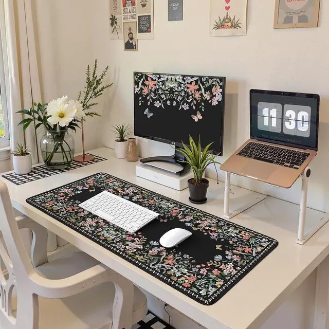 Alt view image 6 of 6 - HAOCOO Floral Desk Pad for Keyboard and Mouse, Black Mouse Pad with Non-Slip Rubber Base, XXL Keyboard Mat with Edge Stitching, Soft Computer Mat, Gaming, Office Aesthetics