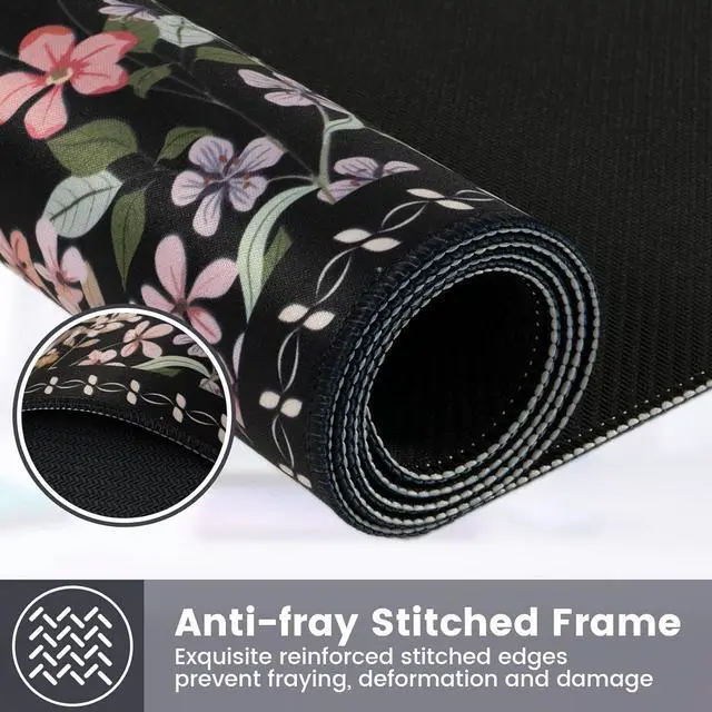Alt view image 5 of 6 - HAOCOO Floral Desk Pad for Keyboard and Mouse, Black Mouse Pad with Non-Slip Rubber Base, XXL Keyboard Mat with Edge Stitching, Soft Computer Mat, Gaming, Office Aesthetics