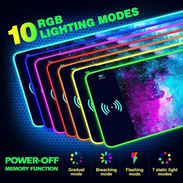 Alt view image 2 of 7 - AIMSA Wireless Charging RGB Gaming Mouse Pad 15W, Extended LED Desk Mat Protector 800x300x4MM, 14 Light Modes Extra Large Mousepad Non-Slip Rubber Base Desk Mat, Galaxy Nebula Universe