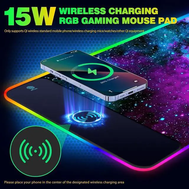 Alt view image 3 of 7 - AIMSA Wireless Charging RGB Gaming Mouse Pad 15W, Extended LED Desk Mat Protector 800x300x4MM, 14 Light Modes Extra Large Mousepad Non-Slip Rubber Base Desk Mat, Galaxy Nebula Universe