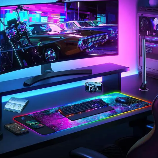 Alt view image 7 of 7 - AIMSA Wireless Charging RGB Gaming Mouse Pad 15W, Extended LED Desk Mat Protector 800x300x4MM, 14 Light Modes Extra Large Mousepad Non-Slip Rubber Base Desk Mat, Galaxy Nebula Universe