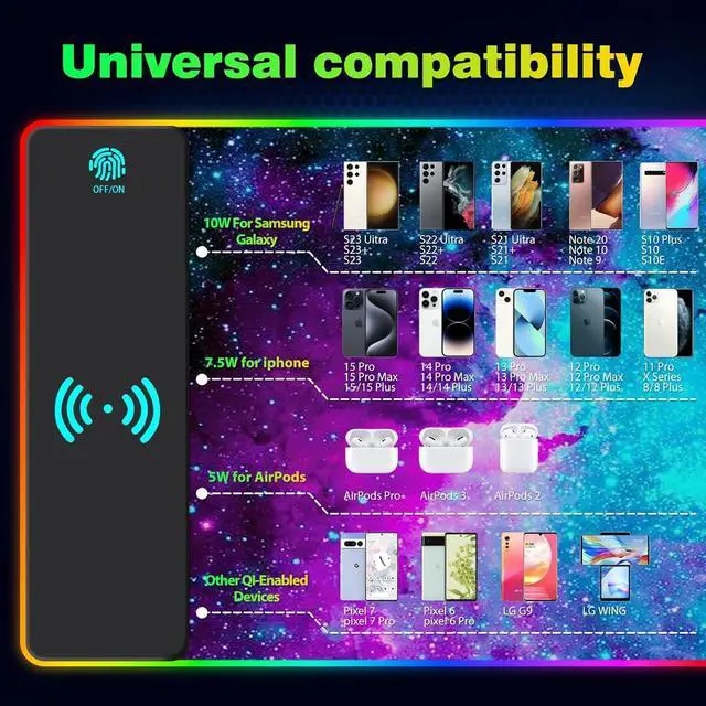 Alt view image 5 of 7 - AIMSA Wireless Charging RGB Gaming Mouse Pad 15W, Extended LED Desk Mat Protector 800x300x4MM, 14 Light Modes Extra Large Mousepad Non-Slip Rubber Base Desk Mat, Galaxy Nebula Universe