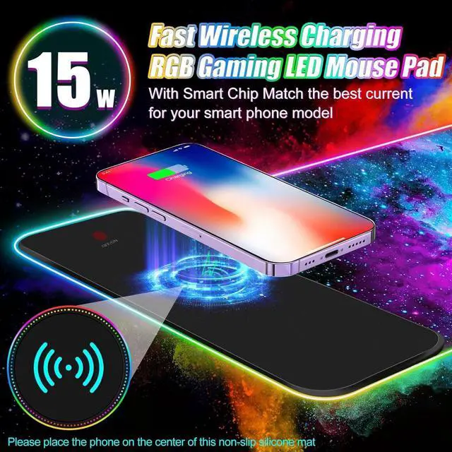Alt view image 2 of 7 - ToLuLu Wireless Charging RGB Gaming Mouse Pad, 15W LED Mouse Mat with 30W Charger, 14 Light Modes Large Mousepad with Wrist Support, Non-Slip Rubber Base Desk Mat Computer Keyboard Pad, Galaxy Nebula