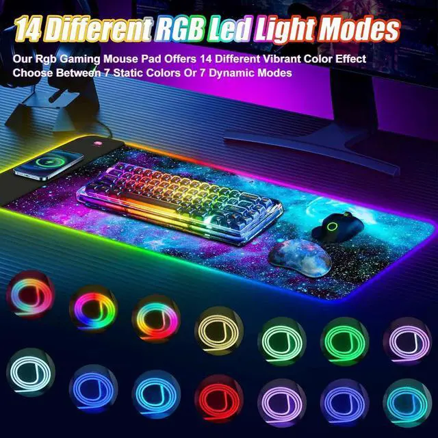 Alt view image 3 of 7 - ToLuLu Wireless Charging RGB Gaming Mouse Pad, 15W LED Mouse Mat with 30W Charger, 14 Light Modes Large Mousepad with Wrist Support, Non-Slip Rubber Base Desk Mat Computer Keyboard Pad, Galaxy Nebula