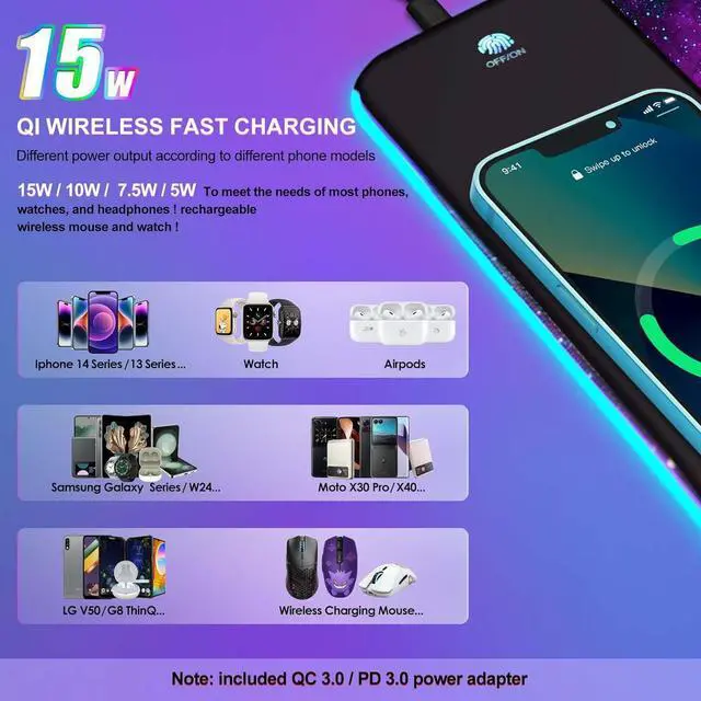 Alt view image 7 of 7 - ToLuLu Wireless Charging RGB Gaming Mouse Pad, 15W LED Mouse Mat with 30W Charger, 14 Light Modes Large Mousepad with Wrist Support, Non-Slip Rubber Base Desk Mat Computer Keyboard Pad, Galaxy Nebula