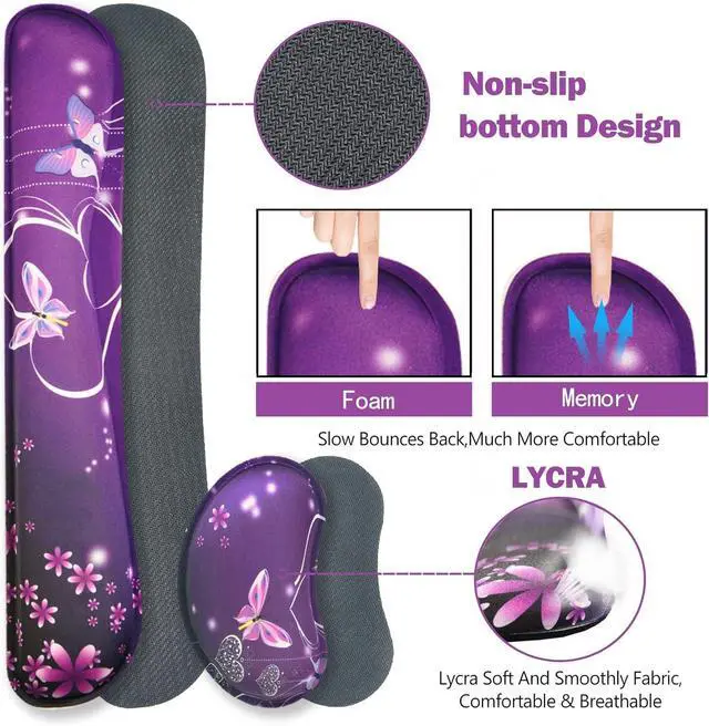 Alt view image 5 of 7 - ARTSO Large Gaming Mouse Pad, Keyboard Wrist Rest Pad & Wrist Support Mousepad Set, Stitched Edge, Extended, Non-Slip Base, Memory Foam Desk Mat for Office, Home, Purple Heart Butterfly