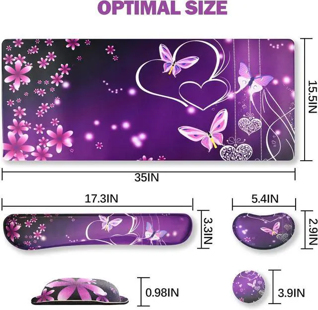 Alt view image 7 of 7 - ARTSO Large Gaming Mouse Pad, Keyboard Wrist Rest Pad & Wrist Support Mousepad Set, Stitched Edge, Extended, Non-Slip Base, Memory Foam Desk Mat for Office, Home, Purple Heart Butterfly