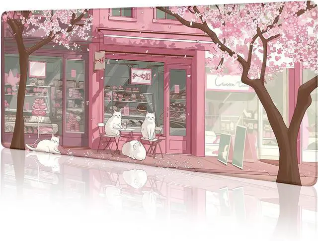 Main image of Cat Mouse Pad Large Desk Mat, Pink Cherry Blossom Computer Mousepad with Stitched Edges Non-Slip, Keyboard Mouse Pad for Desktop Cute Office Desk Accessories Japanese Dessert House 31.5in