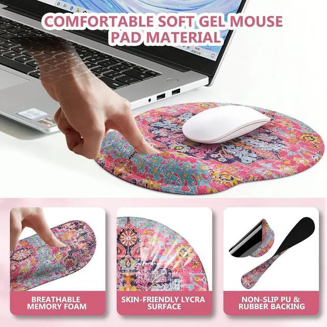 Alt view image 3 of 7 - iLeadon Mouse Pad Set, Boho Desk Mat + Mouse Pad with Wrist Rest + Keyboard Wrist Rest + Coaster, 4in1 Mouse and Keyboard Pad Set for Home Office, Rug Fuchsia