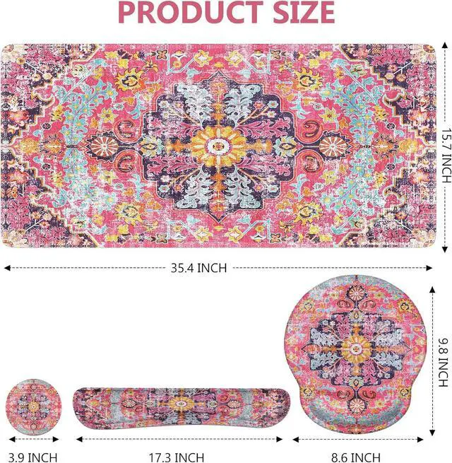 Alt view image 2 of 7 - iLeadon Mouse Pad Set, Boho Desk Mat + Mouse Pad with Wrist Rest + Keyboard Wrist Rest + Coaster, 4in1 Mouse and Keyboard Pad Set for Home Office, Rug Fuchsia