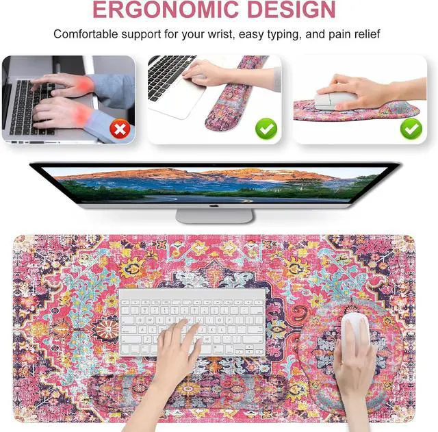 Alt view image 4 of 7 - iLeadon Mouse Pad Set, Boho Desk Mat + Mouse Pad with Wrist Rest + Keyboard Wrist Rest + Coaster, 4in1 Mouse and Keyboard Pad Set for Home Office, Rug Fuchsia